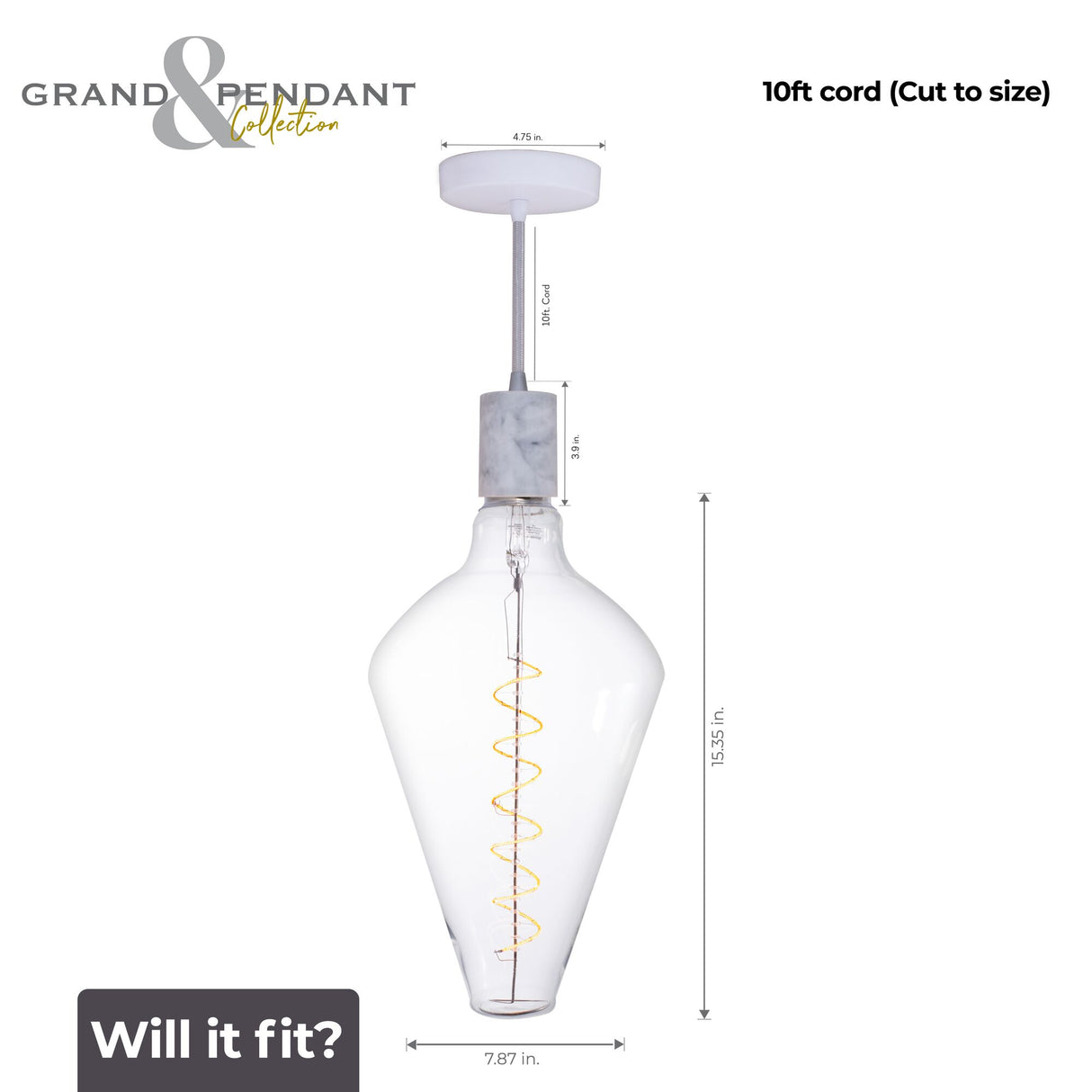Bulbrite 810175 4W LED DIAMOND SHAPED GRAND 2200K FILAMENT W/ WHITE MARBLE PENDANT WITH WHITE STRING