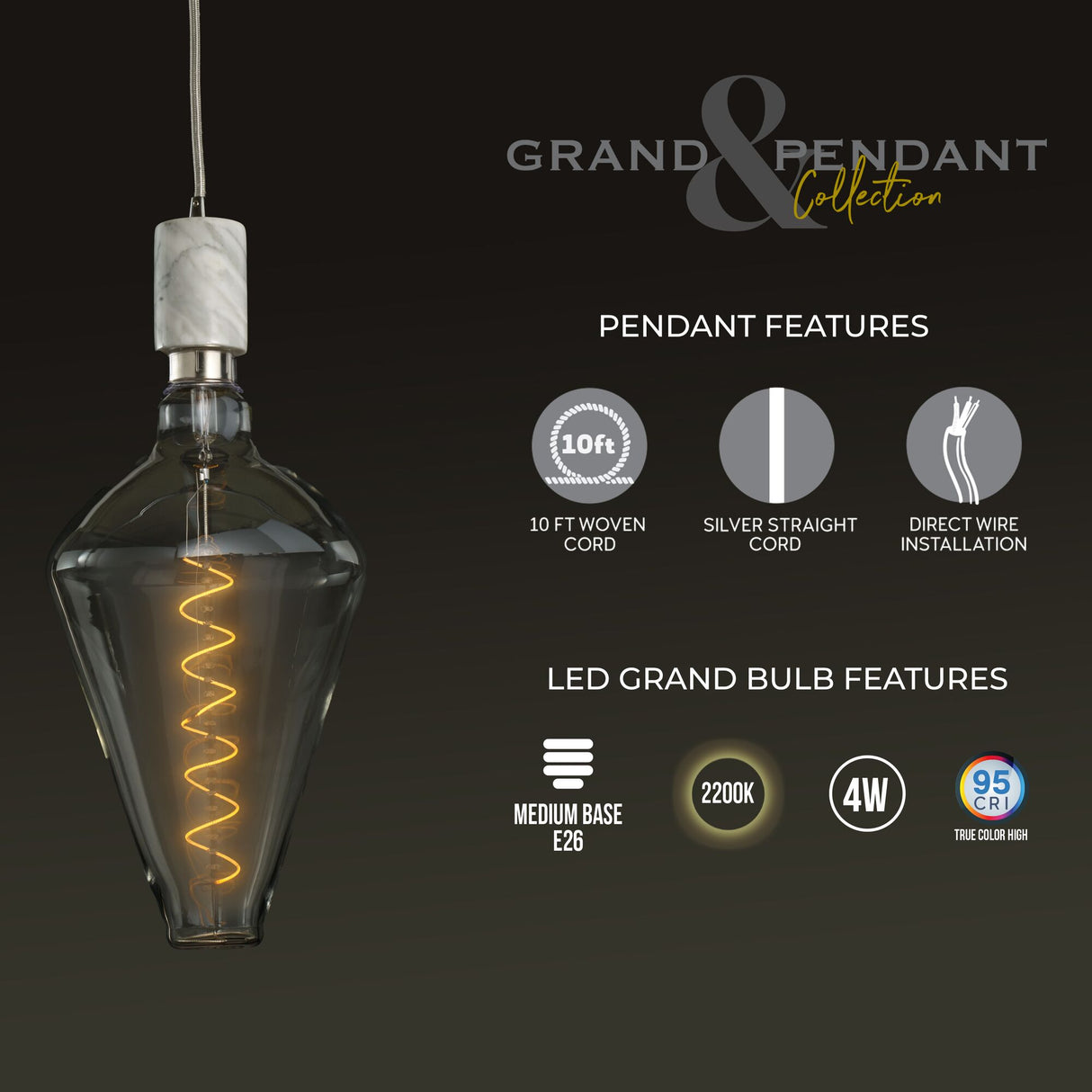 Bulbrite 810175 4W LED DIAMOND SHAPED GRAND 2200K FILAMENT W/ WHITE MARBLE PENDANT WITH WHITE STRING