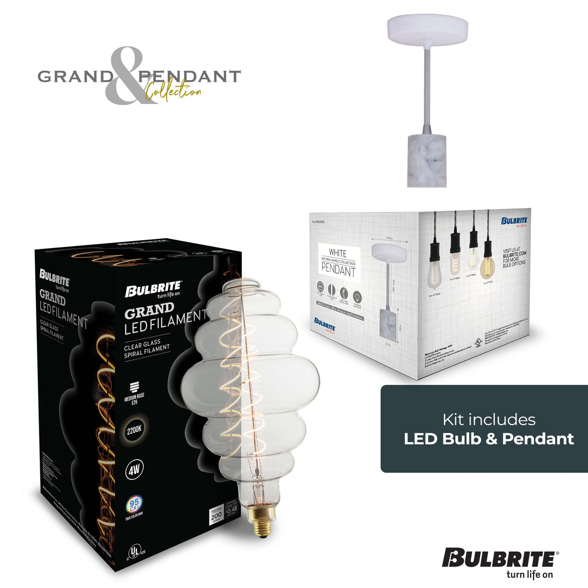 Bulbrite 810176 4W LED BEEHIVE SHAPED GRAND 2200K FILAMENT W/ WHITE MARBLE PENDANT WITH WHITE STRING