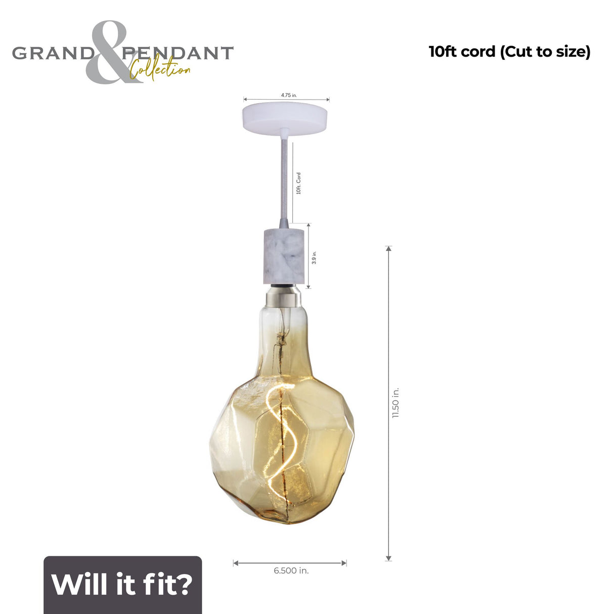 Bulbrite 810177 4W LED JEWEL NATURAL SHAPED GRAND 2200K FILAMENT W/ WHITE MARBLE PENDANT WITH WHITE STRING