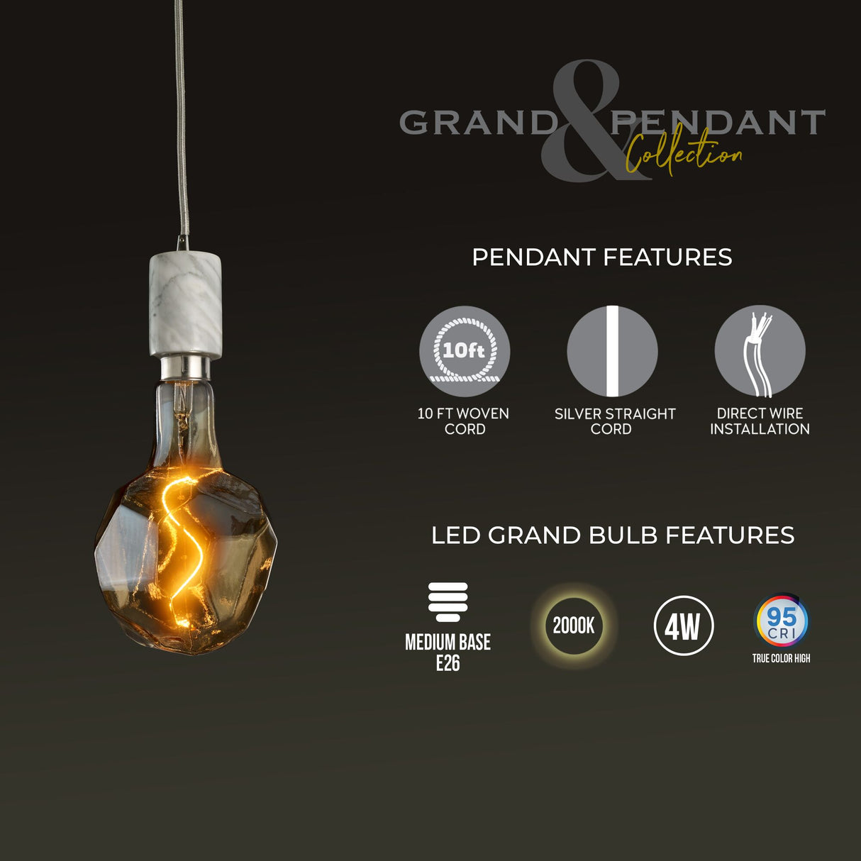 Bulbrite 810177 4W LED JEWEL NATURAL SHAPED GRAND 2200K FILAMENT W/ WHITE MARBLE PENDANT WITH WHITE STRING