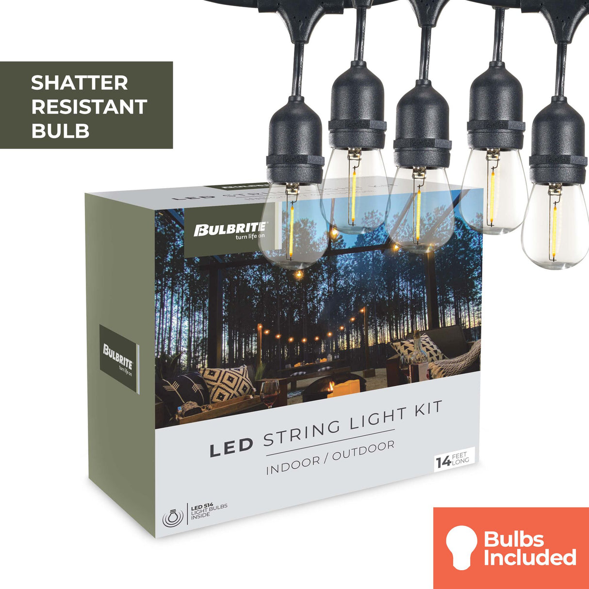 Bulbrite 862817 Bulbrite 14-foot String Light Kit with Clear Shatter Resistant Vintage Style S14 LED Light Bulbs-2PK