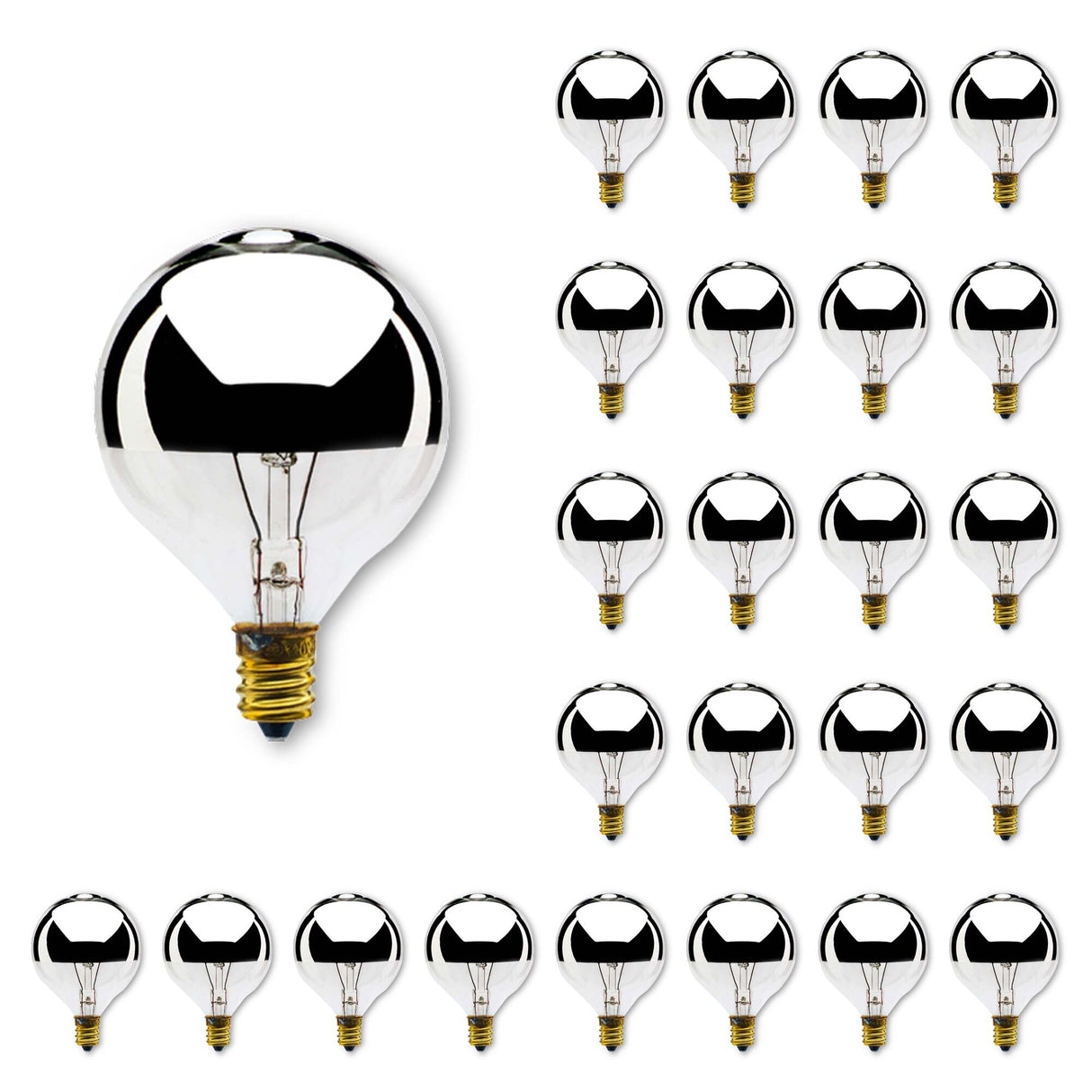 Bulbrite 861159 Bulbrite 40 Watt Incandescent G16.5 Globe Bulb, Half Chrome Dimmable Candelabra Screw Base (E12) Warm White Light Bulb (Pack of 25)