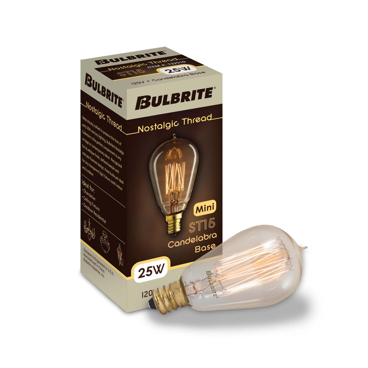 Bulbrite 861370 Bulbrite Pack of (4) 25 Watt Dimmable Antique ST15 Nostalgic Thread Incandescent Light Bulbs with Candelabra (E12) Base, 2200K Amber Light