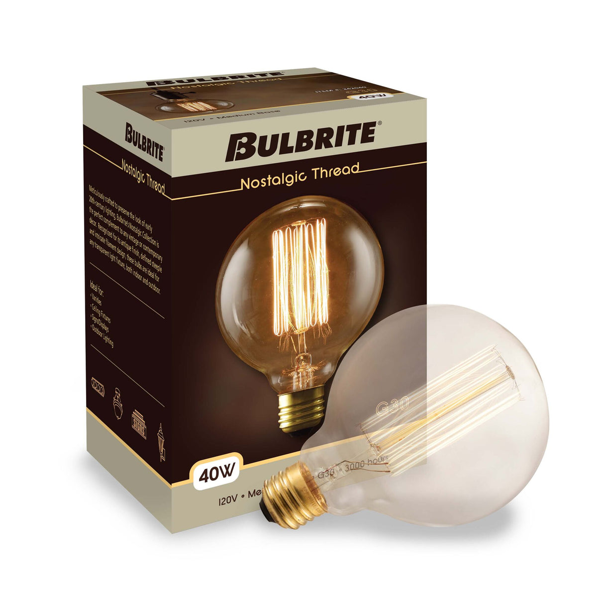 Bulbrite 861378 Bulbrite Nostalgic Collection Pack of (4) Dimmable 40 Watt G30 Incandescent Light Bulbs with Antique Glass Finish and Medium (E26) Screw Base, 2200K (Amber Light)