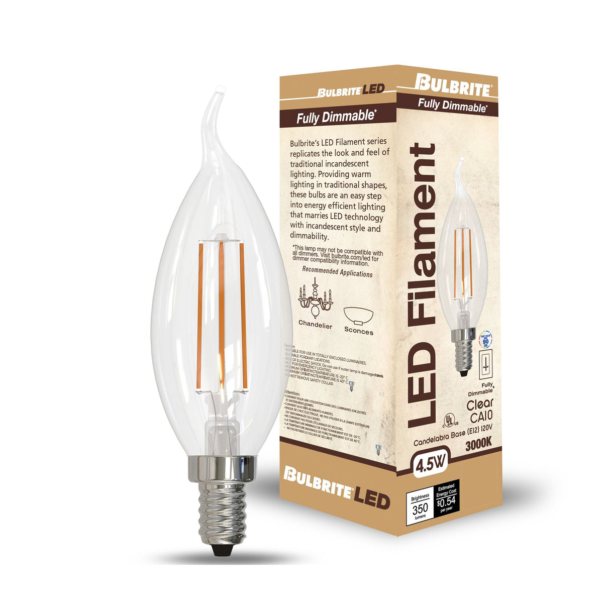 Bulbrite 861420 Bulbrite Pack of (4) 4.5 Watt Dimmable Clear Filament CA10 Candelabra (E12) LED Bulb - 350 Lumens, 3000K, and 90 CRI