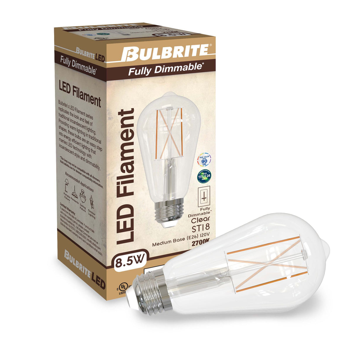 Bulbrite 861422 Bulbrite Pack of (2) 8.5 Watt Dimmable Clear ST18 LED Light Bulbs with Medium (E26) Base, 2700K Warm White Light, 850 Lumens