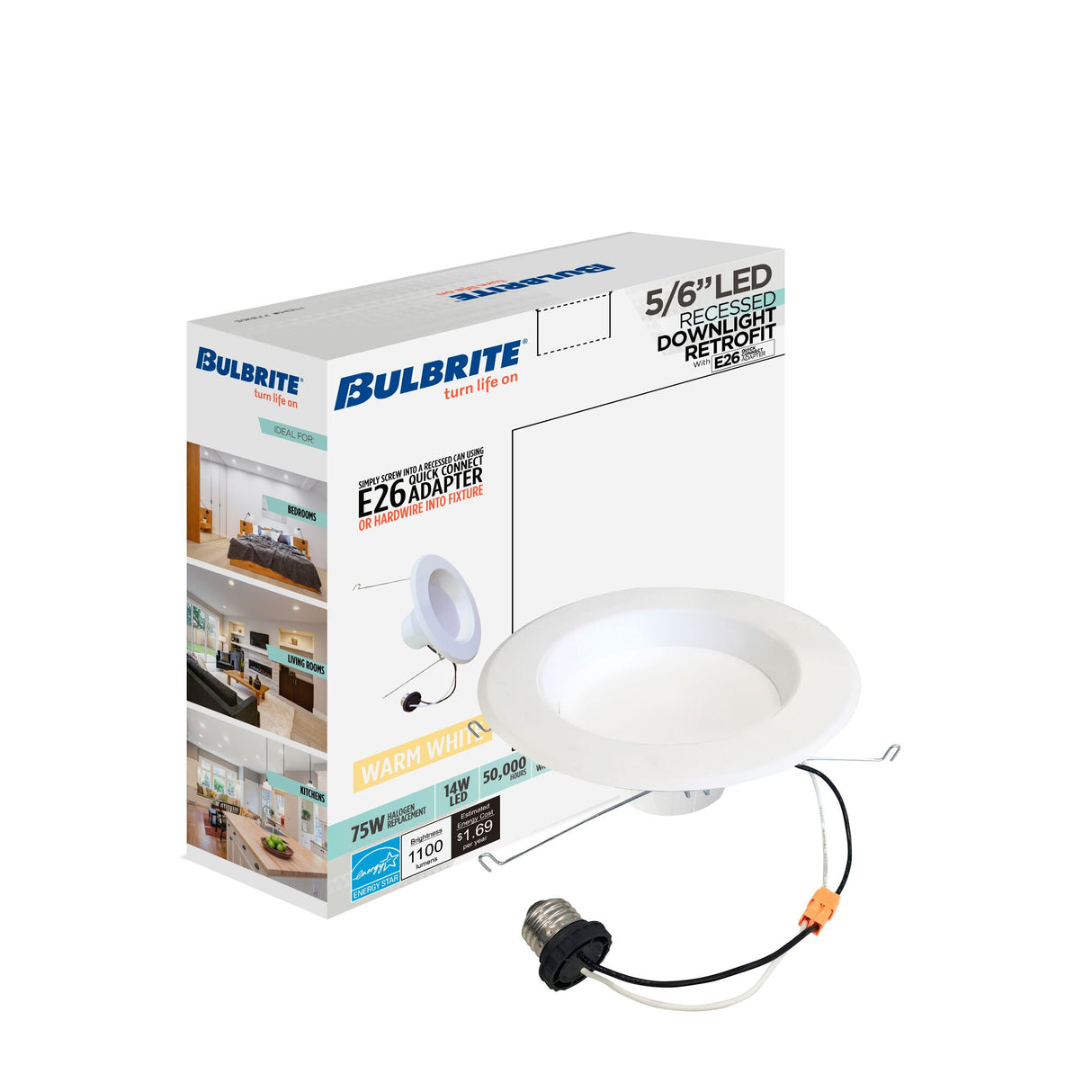 Bulbrite 861491 Bulbrite Pack of (4) 14 Watt Adjustable 5/6" Integrated LED Recessed Downlight with E26 Quick Connect Adapter, 3000K Soft White Light, 1100 Lumens