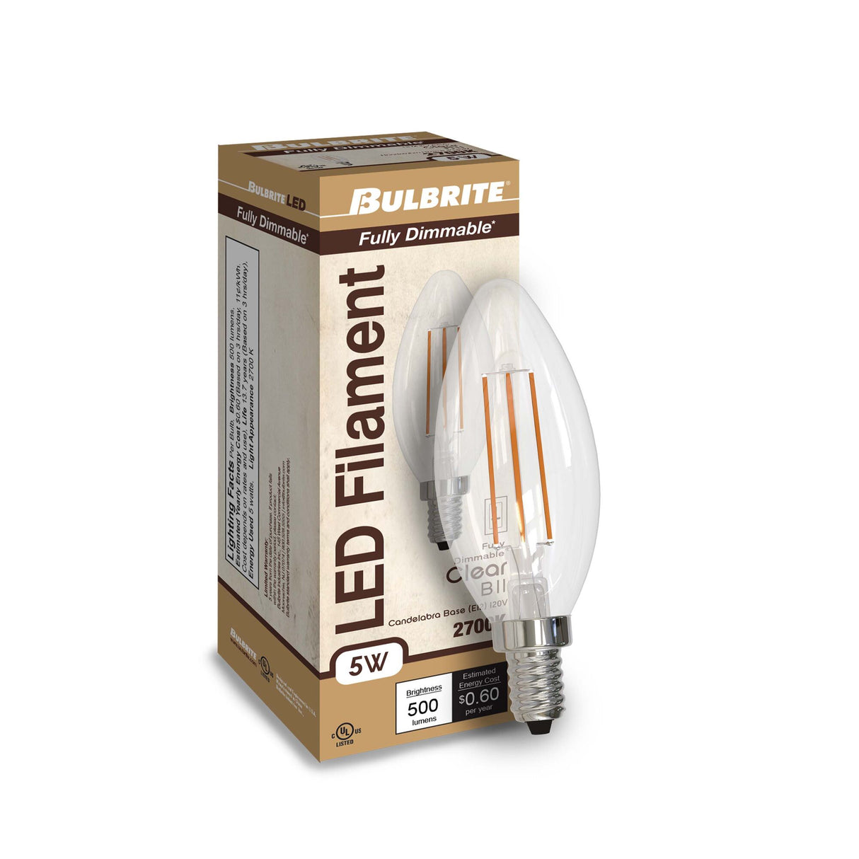 Bulbrite 861584 5W LED B11 Light Bulb 2700K Dimmable E12 500 Lumens 120V 4PK