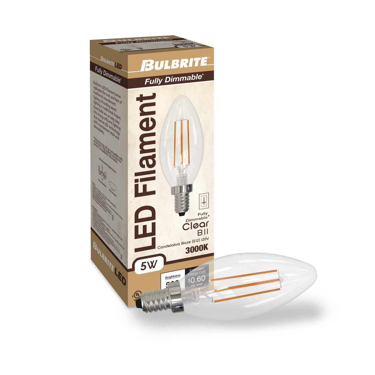 Bulbrite 862938 Bulbrite LED 5 Watt Dimmable B11 Light Bulb with a Clear Finish and a Candelabra Screw E12 - 3000K (Soft White Light) 500 lumens