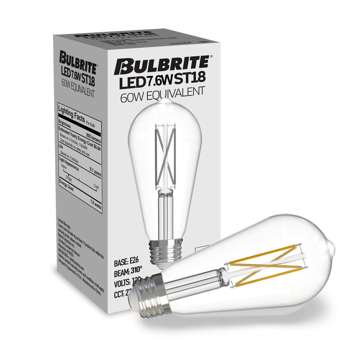 Bulbrite 861618 Bulbrite LED Filament Pack of 8, 7 Watt Dimmable ST18 Light Bulb with Clear Finish and Medium Screw E26 Base - 2700K(Warm White Light), 800 lumens