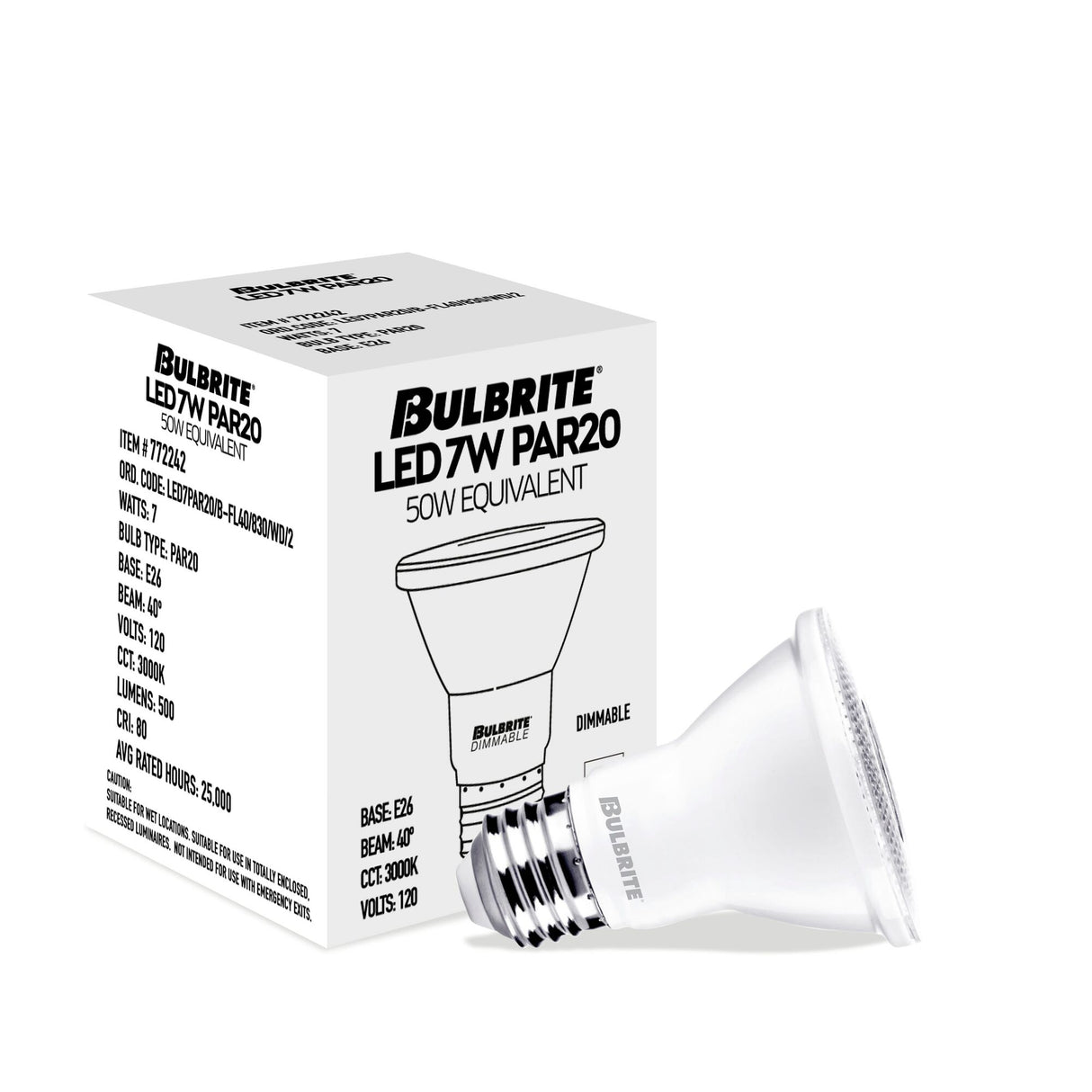 Bulbrite 861714 Bulbrite Pack of (4) 7 Watt Dimmable Flood PAR20 Medium (E26) LED Light Bulb - 3000K (Soft White Light), 500 Lumens