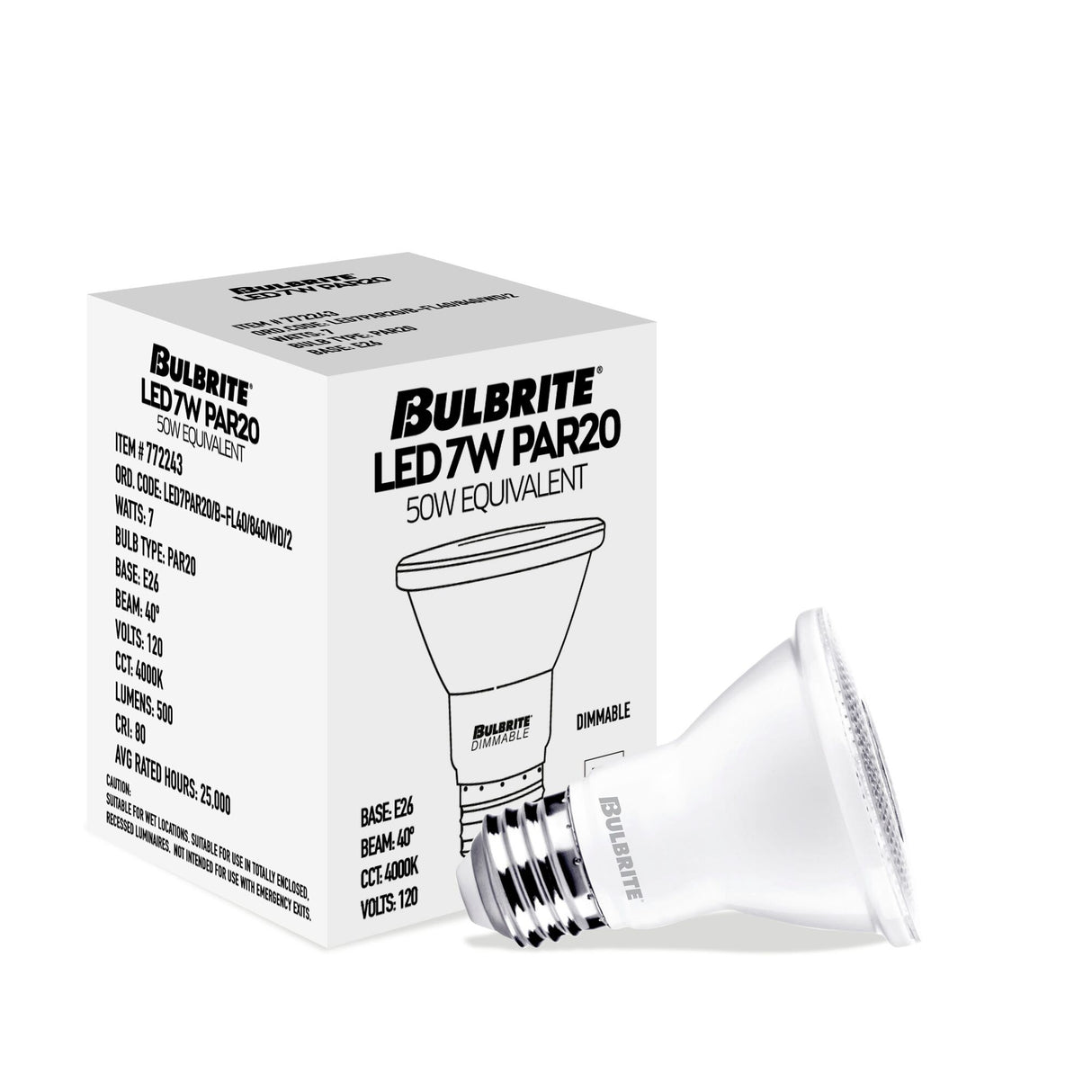 Bulbrite 861715 Bulbrite Pack of (4) 7 Watt Dimmable Flood PAR20 Medium (E26) LED Light Bulb - 4000K (Cool White Light), 500 Lumens