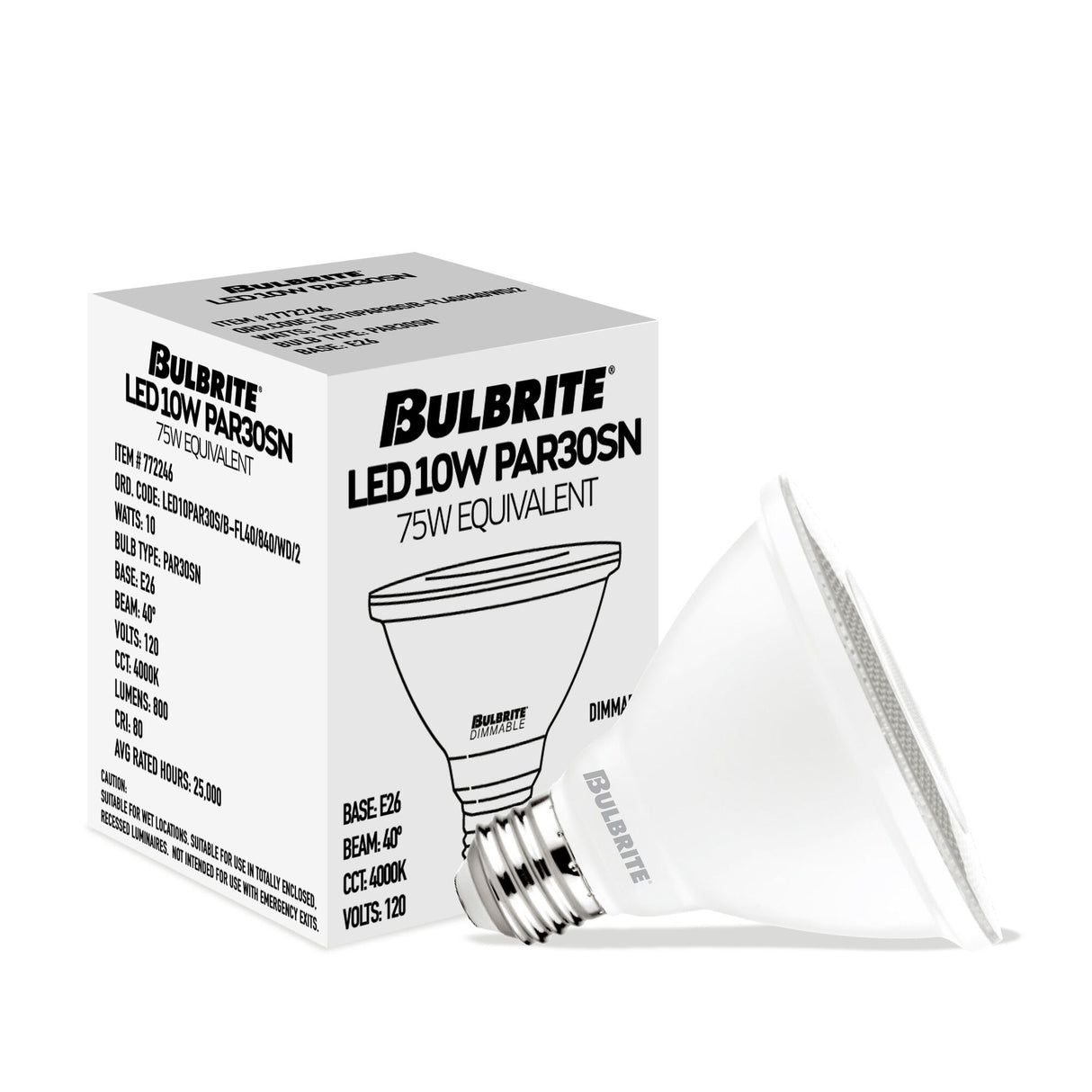 Bulbrite 861723 Bulbrite Pack of (4) 10 Watt Dimmable Flood PAR30 Short Neck Medium (E26) LED Light Bulb - 4000K (Cool White Light), 800 Lumens