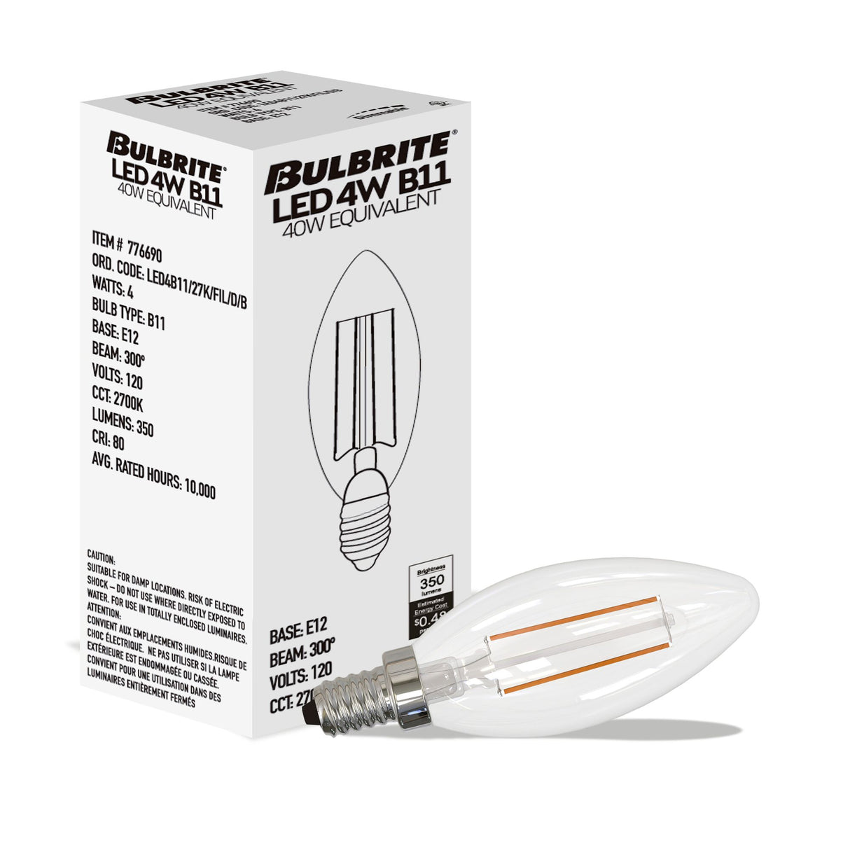 Bulbrite 861731 Bulbrite LED Filament Pack of (24) 4 Watt Dimmable B11 Light Bulb with Clear Glass Finish and Candelabra (E12) Base - 2700K (Warm White Light), 350 Lumens
