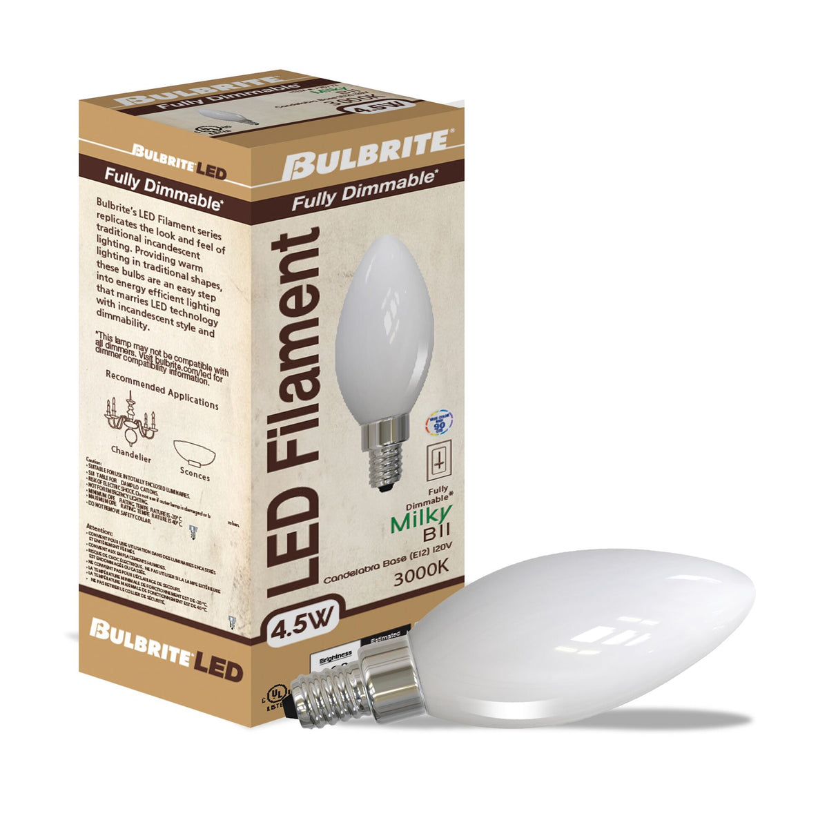 Bulbrite 861743 Bulbrite LED Filament Pack of (36) 4.5 Watt Dimmable B11 Light Bulb with Milky Glass Finish and Candelabra (E12) Base - 3000K (Soft White Light), 400 Lumens