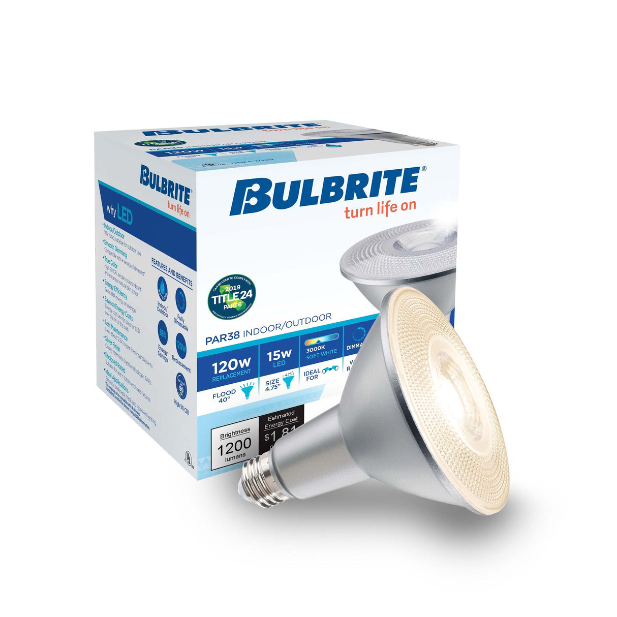 Bulbrite 861796 15W LED PAR38 Light Bulb 3000K Dimmable E26 1200 Lumens 120V 2PK