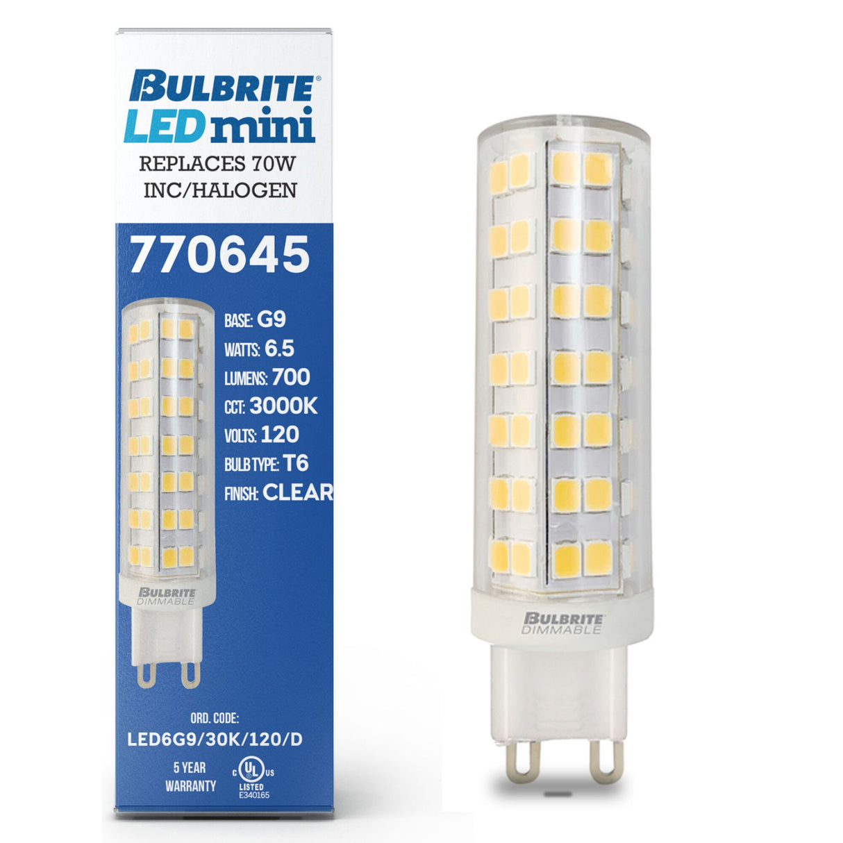 Bulbrite 862645 6.5W LED G9 Light Bulb 3000K Dimmable G9 700 Lumens 120V 2PK