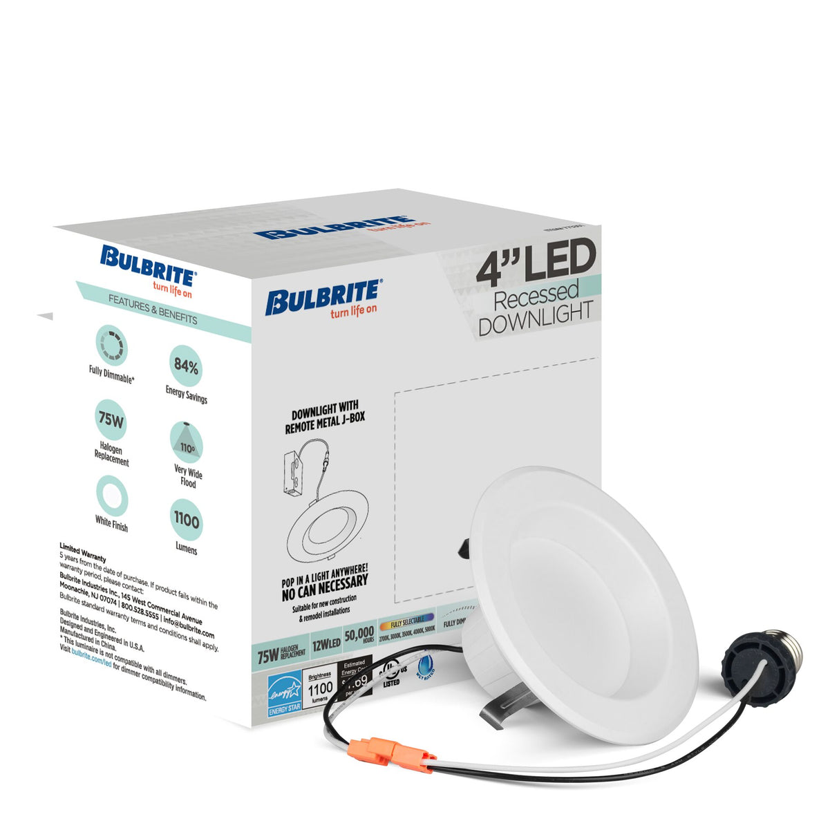 Bulbrite 862650 Bulbrite Pack of (4) 12 Watt 4" Integrated LED Recessed Downlight with E26 Quick Connect Adapter, 5CCT - 27/30/35/40/50K, 1100 Lumens