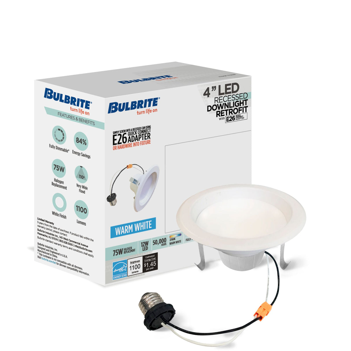 Bulbrite 862652 Bulbrite Pack of (4) 12 Watt 4" Integrated LED Recessed Downlight with E26 Quick Connect Adapter, 2700K Warm White Light, 1100 Lumens