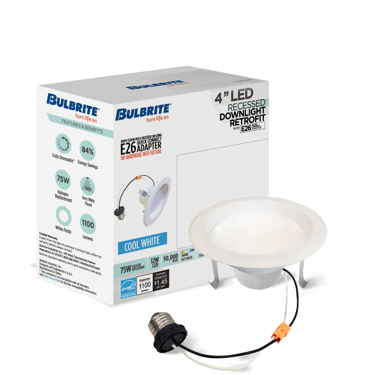 Bulbrite 862654 Bulbrite Pack of (4) 12 Watt 4" Integrated LED Recessed Downlight with E26 Quick Connect Adapter, 4000K Cool White Light, 1100 Lumens