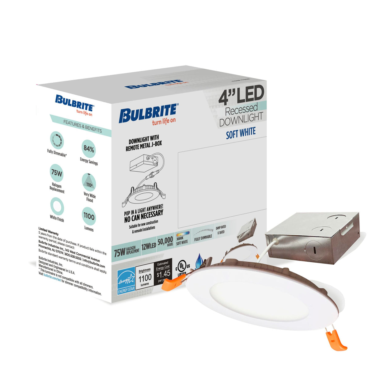 Bulbrite 862658 12W LED 4" Recessed Downlight 3000K Dimmable 1100 Lumens 120V 4PK
