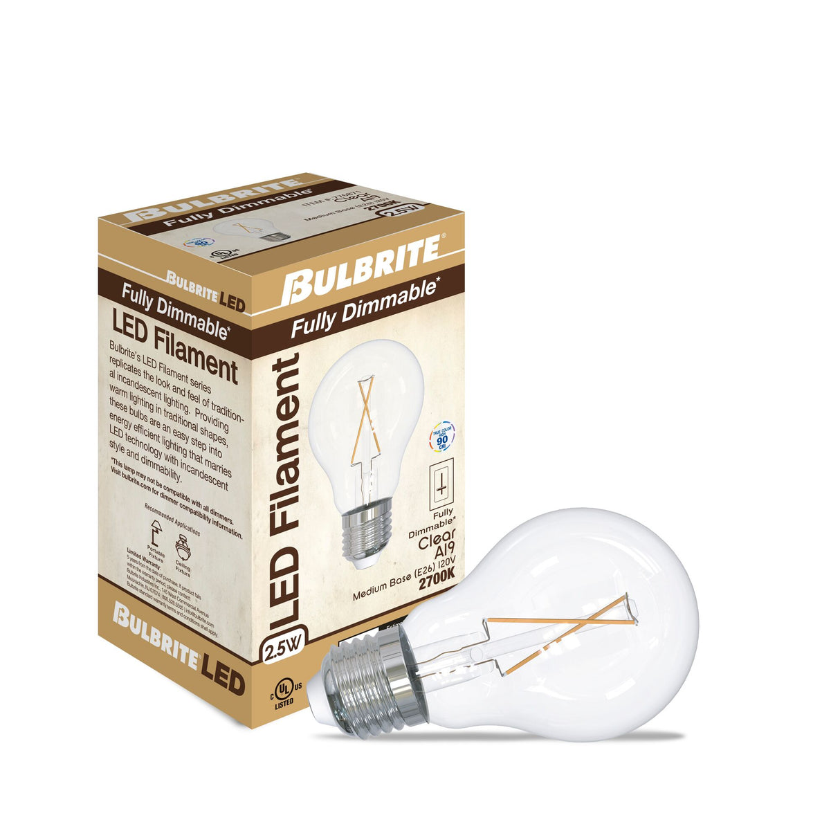 Bulbrite 862687 Bulbrite 6-Pack 2.5-Watt A19 Medium(E26)LED Bulb with Vintage Spiral Filaments, Clear,2700K,100 Lumens