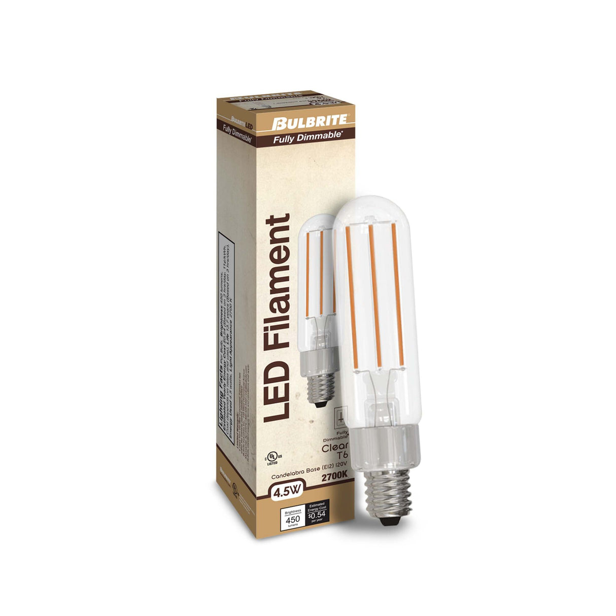 Bulbrite 862783 Bulbrite LED Filament Pack of (4) 4.5 Watt Dimmable T6 Light Bulb with Clear Glass Finish and Candelabra (E12) Base - 2700K (Warm White Light), 450 Lumens