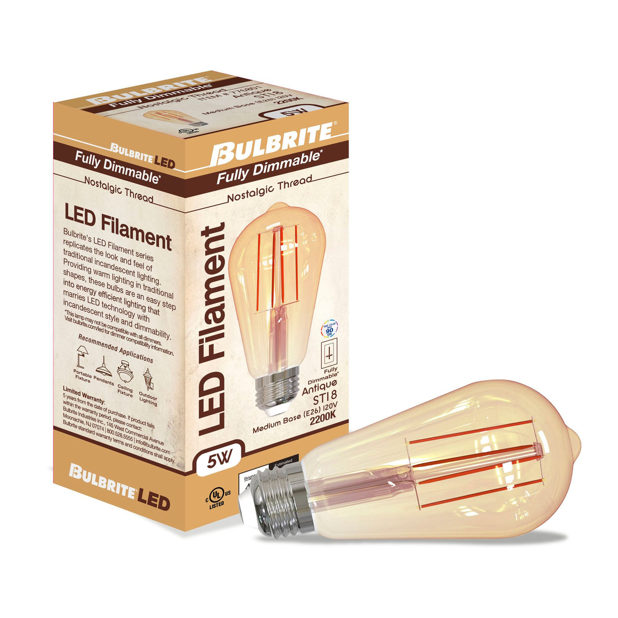 Bulbrite 862795 Bulbrite LED Filament Pack of (4) 5 Watt Dimmable ST18 Light Bulbs with Antique Glass Finish and Medium (E26) Base - 2200K (Warm Amber Light), 450 Lumens