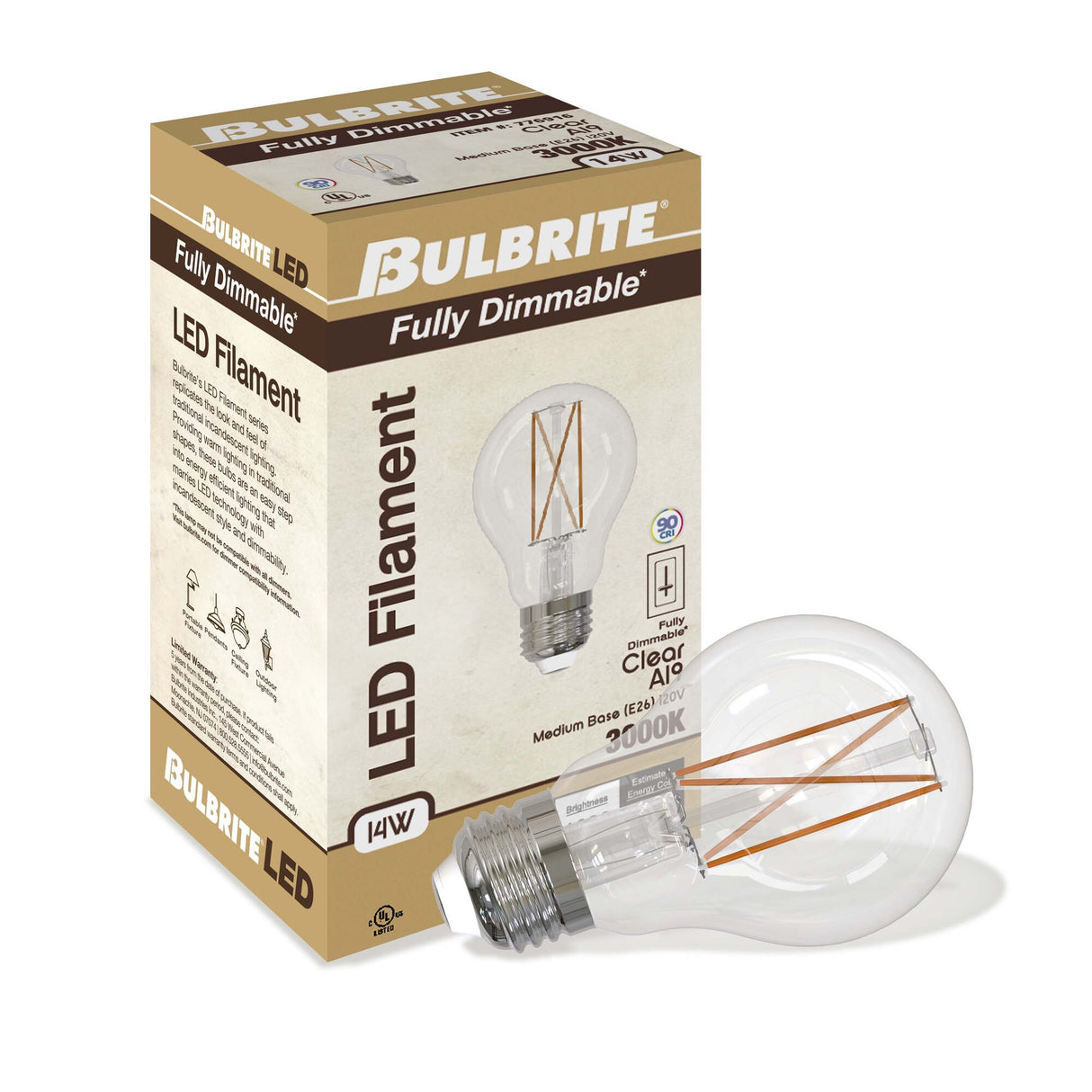 Bulbrite 862828 Bulbrite LED Filament Pack of (4) 14 Watt Dimmable A19 Light Bulb with Clear Glass Finish and Medium (E26) Base - 3000K (Soft White Light), 1600 Lumens