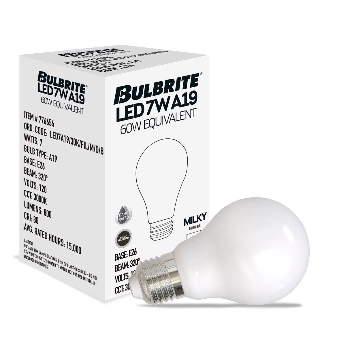 Bulbrite 862847 Bulbrite LED Filament Pack of (4) 7 Watt Dimmable A19 Light Bulbs with Milky Finish and Medium (E26) Base - 3000K (Soft White Light), 800 Lumens
