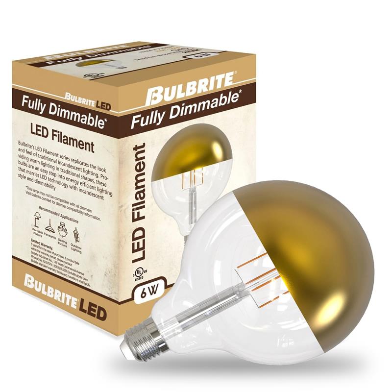 Bulbrite 862852 Bulbrite LED Filament Pack of (4) 6 Watt Dimmable G40 Light Bulbs with a Half Gold Finish and Medium (E26) Base - 2700K (Warm White Light), 500 Lumens