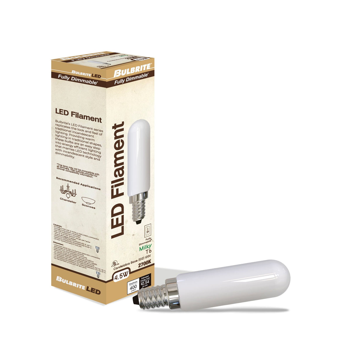 Bulbrite 862853 Bulbrite LED Filament Pack of (4) 4.5 Watt Dimmable T6 Light Bulbs with a Milky Finish and Candelabra (E12) Base - 2700K (Warm White Light), 400 Lumens