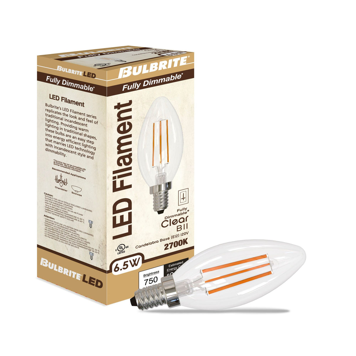 Bulbrite 862855 Bulbrite LED Filament Pack of (4) 6.5 Watt Dimmable B11 Light Bulbs with a Clear Finish and Medium (E26) Base - 2700K (Warm White Light), 750 Lumens