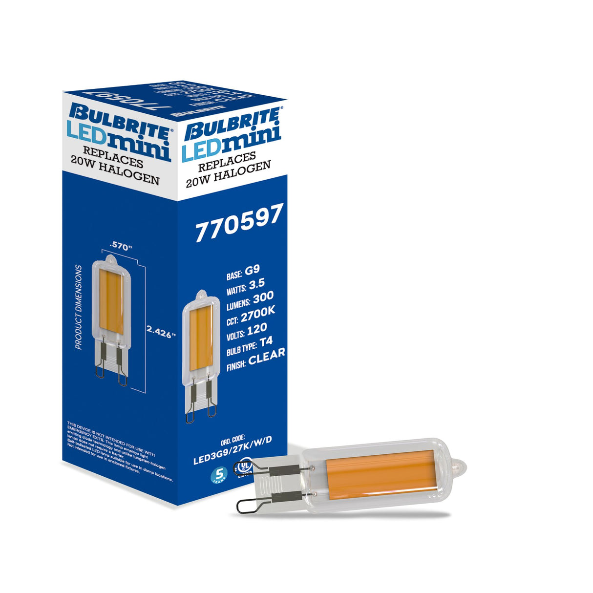 Bulbrite 862862 Bulbrite LED Filament Pack of (4) 3.5 Watt Mini T4 Light Bulbs with Clear Finish and Bi-Pin (G9) Base - 2700K (Warm White Light), 300 Lumens