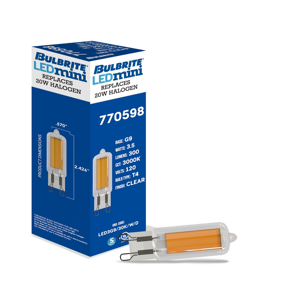 Bulbrite 862863 Bulbrite LED Filament Pack of (4) 3.5 Watt Mini T4 Light Bulbs with Clear Finish and Bi-Pin (G9) Base - 3000K (Soft White Light), 300 Lumens
