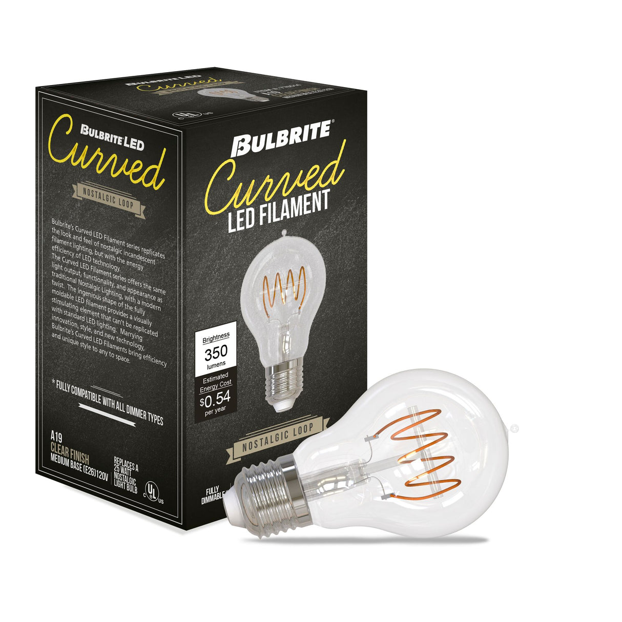 Bulbrite 862866 Bulbrite LED Curved Filament Pack of (4) 4.5 Watt Dimmable A19 Light Bulbs with Clear Finish and Medium (E26) Base - 2100K (Warm Amber Light), 350 Lumens