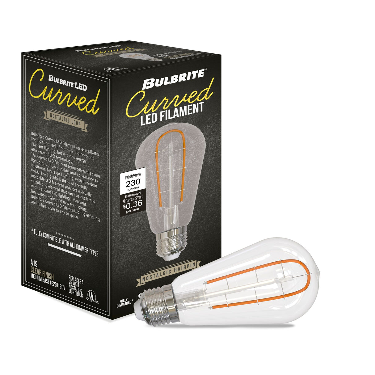 Bulbrite 862867 Bulbrite LED Curved Filament Pack of (4) 3 Watt Dimmable ST18 Light Bulbs with Clear Finish and Medium (E26) Base - 2100K (Warm Amber Light), 230 Lumens