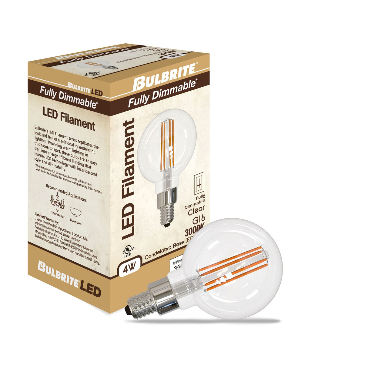 Bulbrite 862875 Bulbrite LED Filament Pack of (4) 4 Watt Dimmable G16 Light Bulbs with a Clear Finish and Candelabra (E12) Base - 3000K (Soft White Light), 350 Lumens