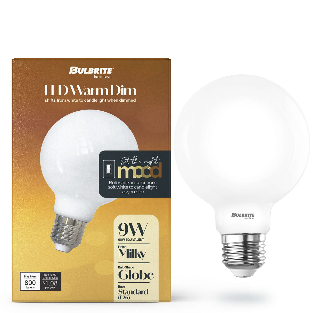 Bulbrite 862888 Bulbrite 9 Watt LED G25 Light Bulbs, Warm Dimming 3000K (Soft White) - 1800K (Candlelight), 800 Lumens, (2 Pack)