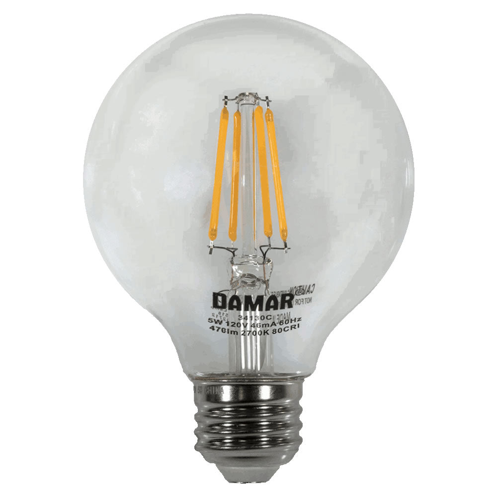 Damar 34130C LED5G25/CL/FIL/27K/D 5W G25 LED Globe Filament Clear Finish Dimmable 120V