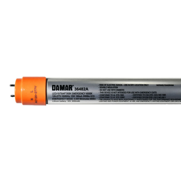 Damar 36482A LED/15/T8/4FT/65K/EMERGENCY 15W 4ft LED T8 Tube 6500K Type B with 90-min Emergency Backup 120-277V