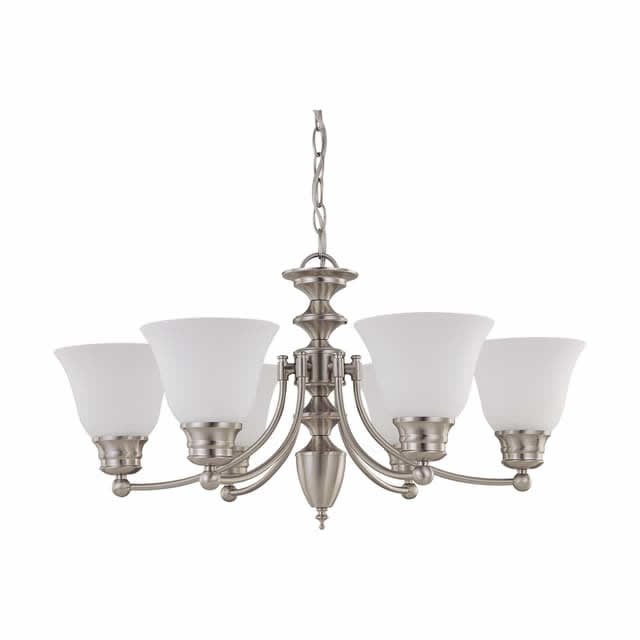 Nuvo 60-3255 Empire 6 Light Chandelier 26-Inch Frosted White Glass Brushed Nickel Finish 120V