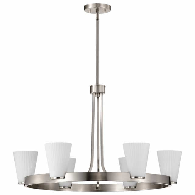 Nuvo 60-8736 Royale 6 Light Chandelier Ribbed White Glass Brushed Nickel Finish 120V