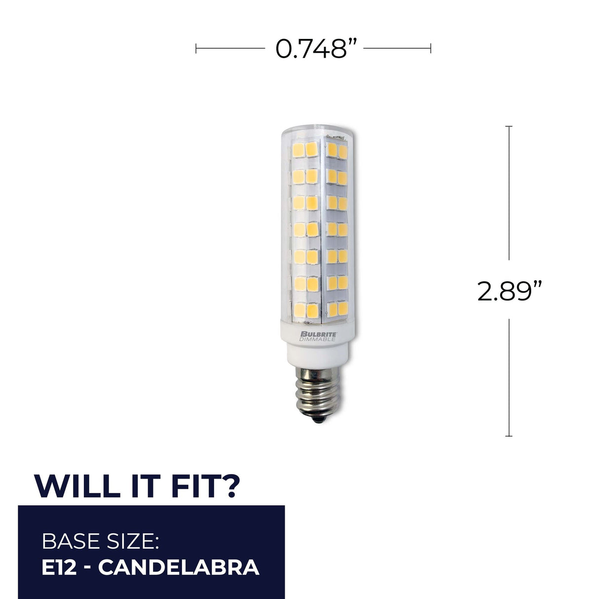 Bulbrite 862643 6.5W LED T6 Light Bulb 3000K Dimmable E12 700 Lumens 120V 2PK