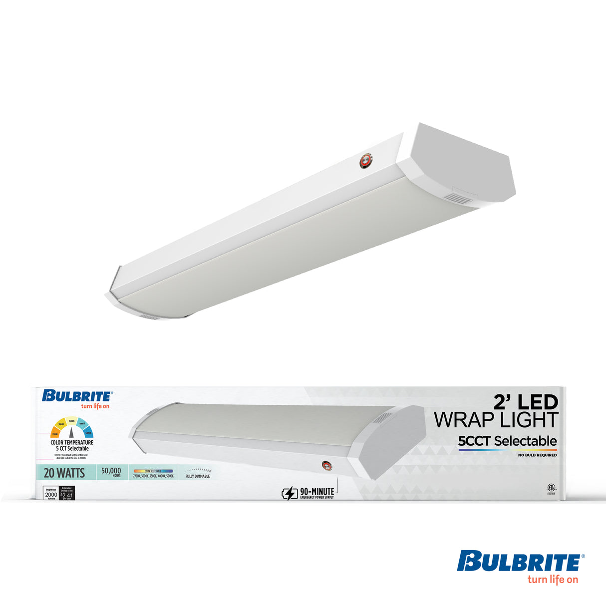 Bulbrite 773505 2 ft. Integrated 5 Color Selectable LED Dimmable Wraparound Light W/ Battery Backup (120-277v), 2300 Lumens, White