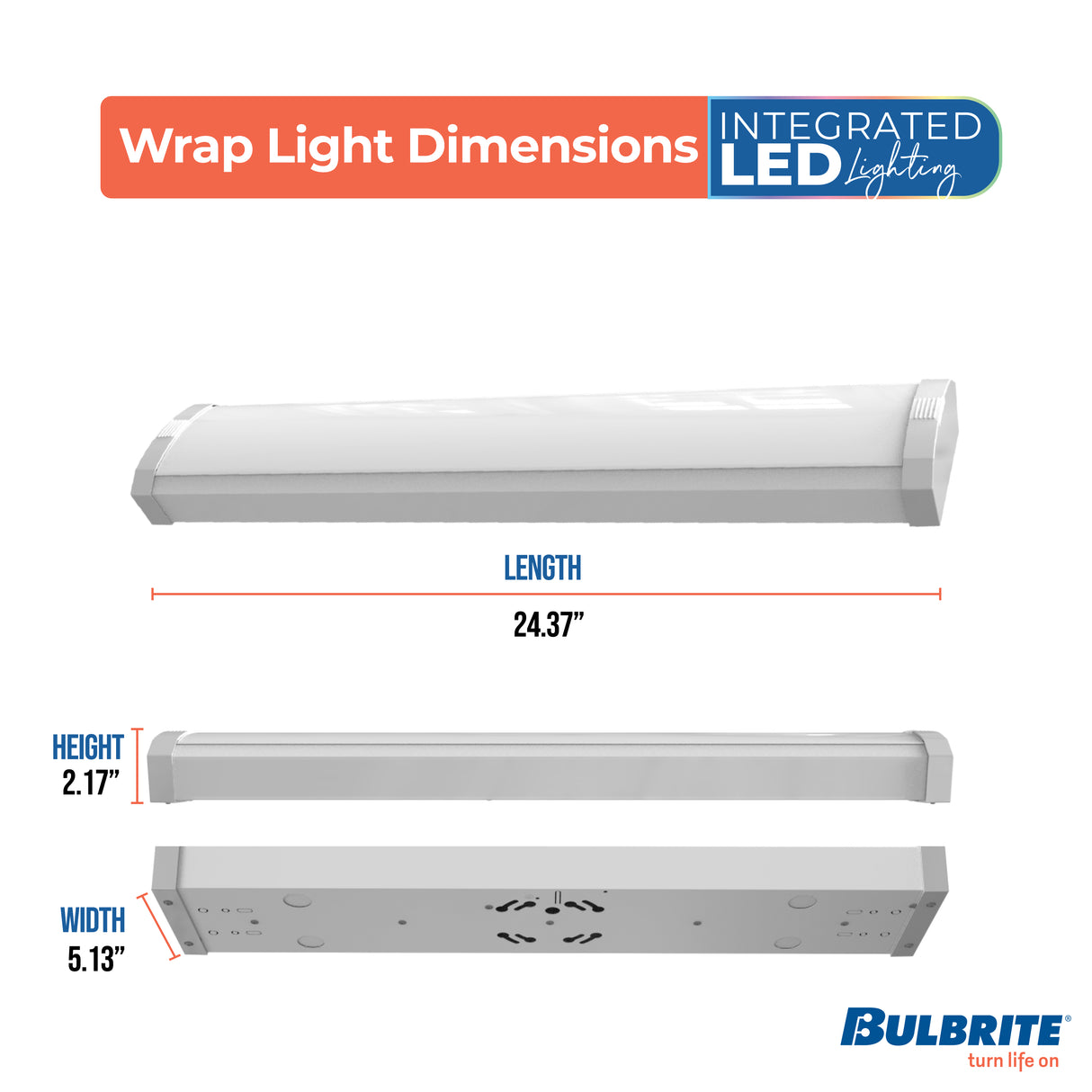 Bulbrite 773505 2 ft. Integrated 5 Color Selectable LED Dimmable Wraparound Light W/ Battery Backup (120-277v), 2300 Lumens, White