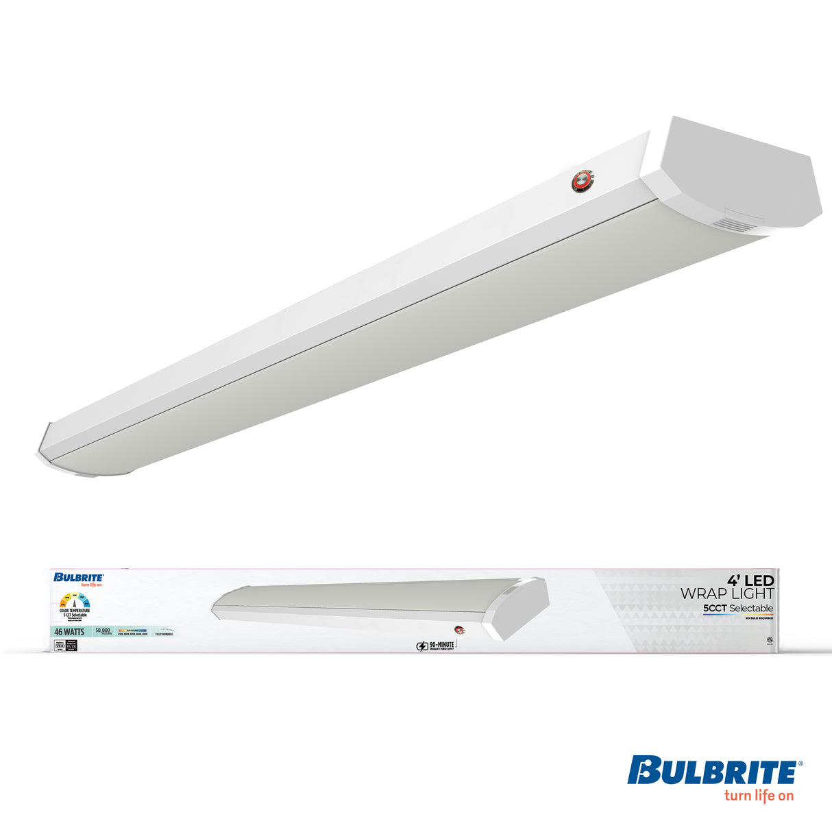 Bulbrite 773506 4 ft. 3000K LED Dimmable Wraparound Light W/ Battery Backup (120-277v), 5300 Lumens, White