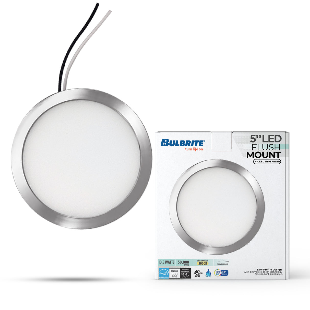 Bulbrite 773602 5" Round 10.3-Watt 3000K LED Flush Mount Light, 850 Lumens, Nickel Finish