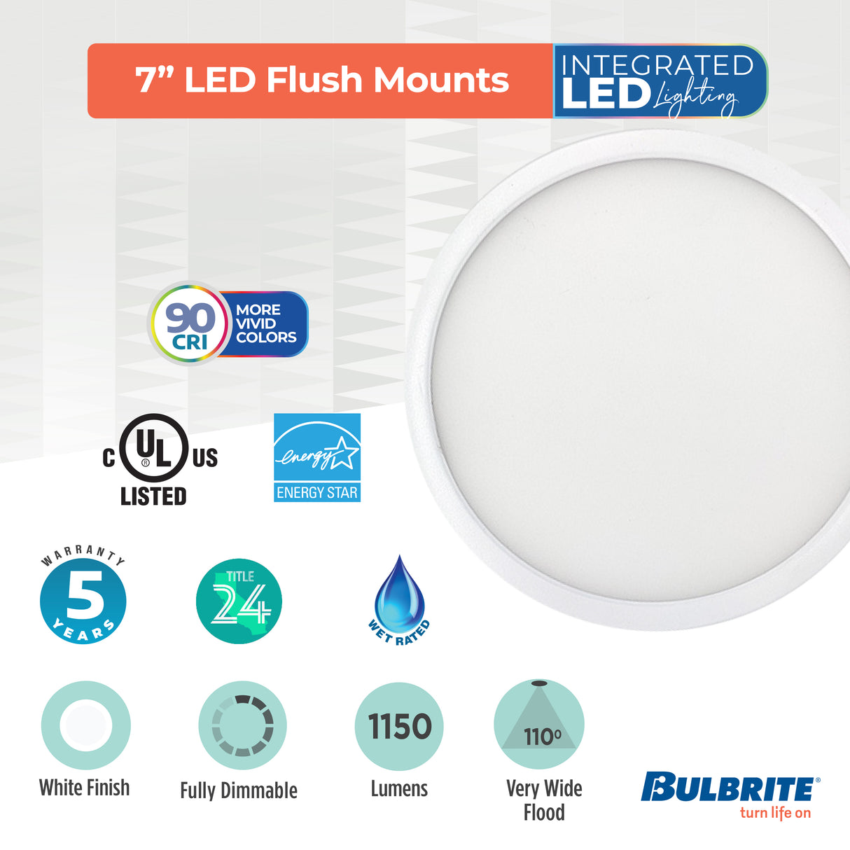 Bulbrite 773606 7" Round 10.3-Watt 3000K LED Flush Mount Light, 1150 Lumens, Nickel Finish